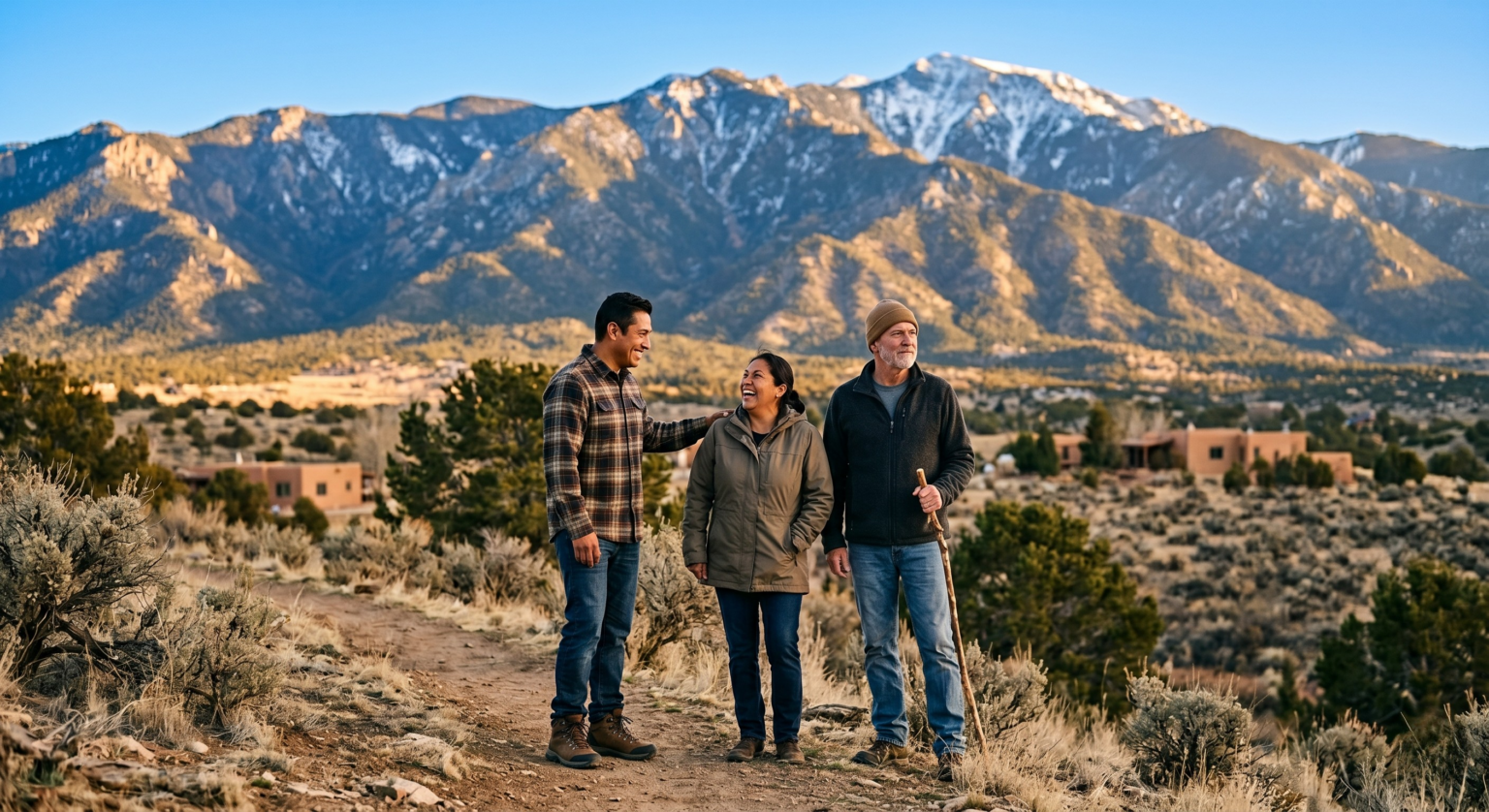 A wide landscape photograph shows three friendly adults (a man in plaid flannel, a woman in a green jacket, and an older man with a walking stick) standing on a dirt hiking path. Behind them, a vast, dry scrubland valley with scattered adobe homes leads up to a majestic, snow-capped mountain range under a clear blue sky, bathed in warm, late-day light.